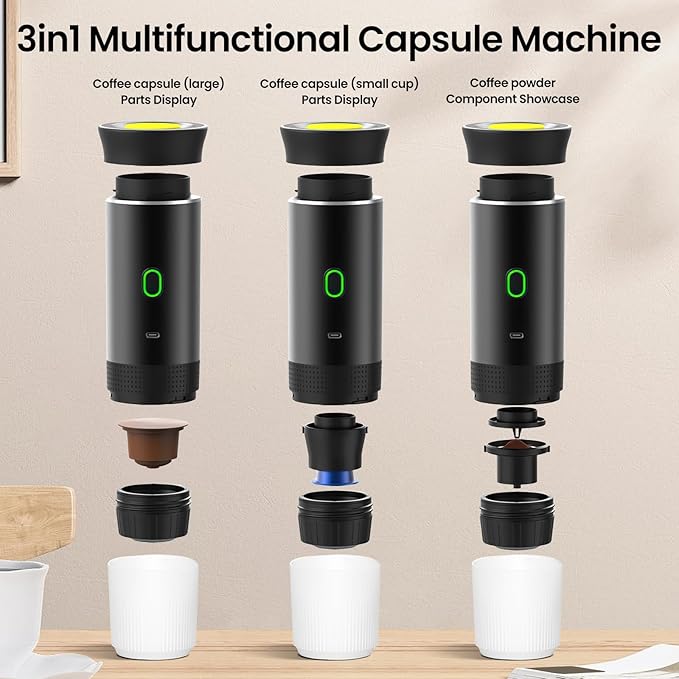 Portable Coffee Maker 3 in 1 Espresso Maker Electric Heater Travel Compatible with Small and Large Capsules and Ground Coffee USB Charger for 12V Car and Camping (Black)