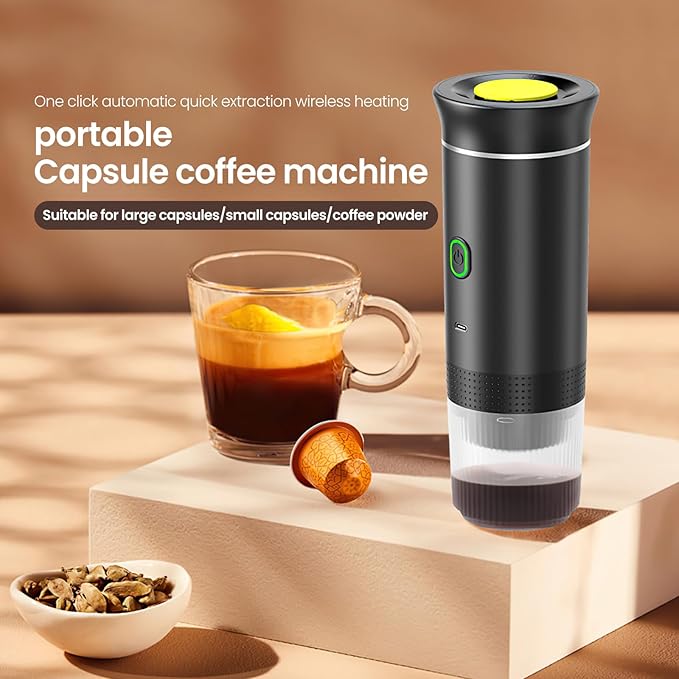 Portable Coffee Maker 3 in 1 Espresso Maker Electric Heater Travel Compatible with Small and Large Capsules and Ground Coffee USB Charger for 12V Car and Camping (Black)