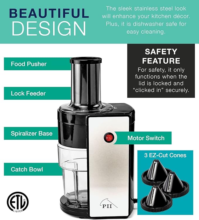 ✨HOT SALE 50% OFF ✨ Electric Spiralizer with 3 Blades – Fast, Easy Spiral Vegetable Slicer – Stainless Steel – Compact Storage – Suitable for Most Large Vegetables, Including Zucchini and Carrots – PII